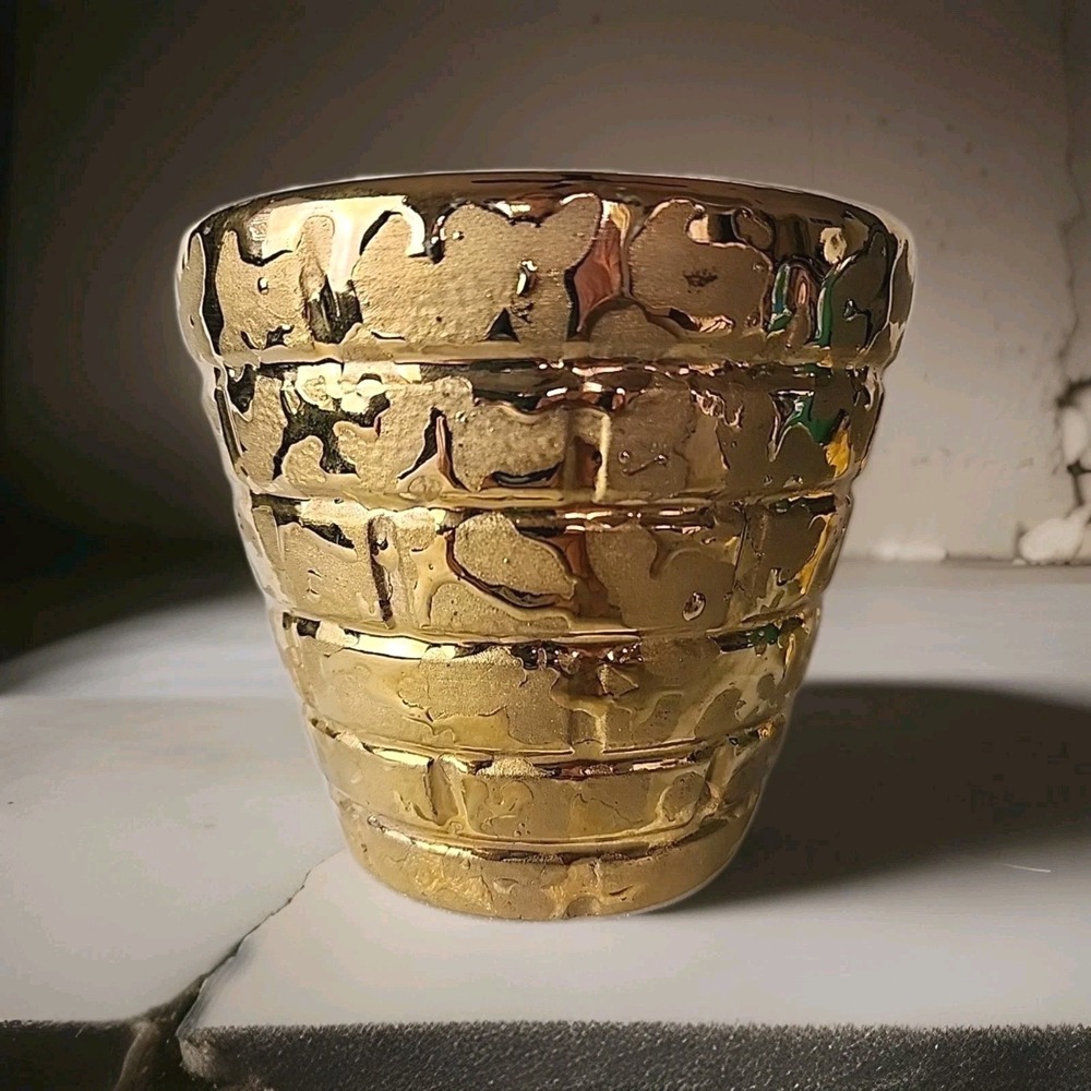 VTG 24 KT. Gold Weeping Glaze MCM Porcelain Basket Weave Planter USA Rare‎ EUC